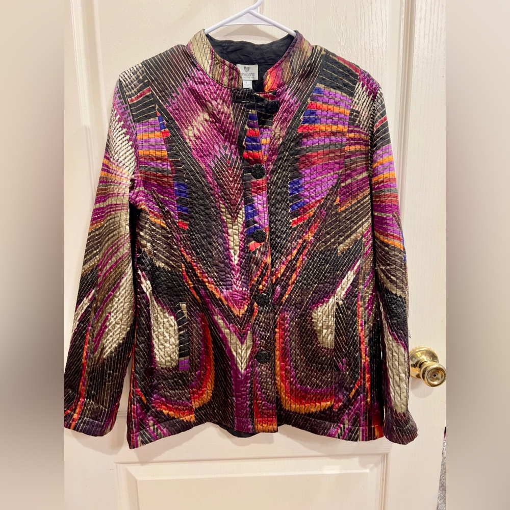 Chico's Quilted Abstract Print Jacket in Purple, Pink, Black & Gold